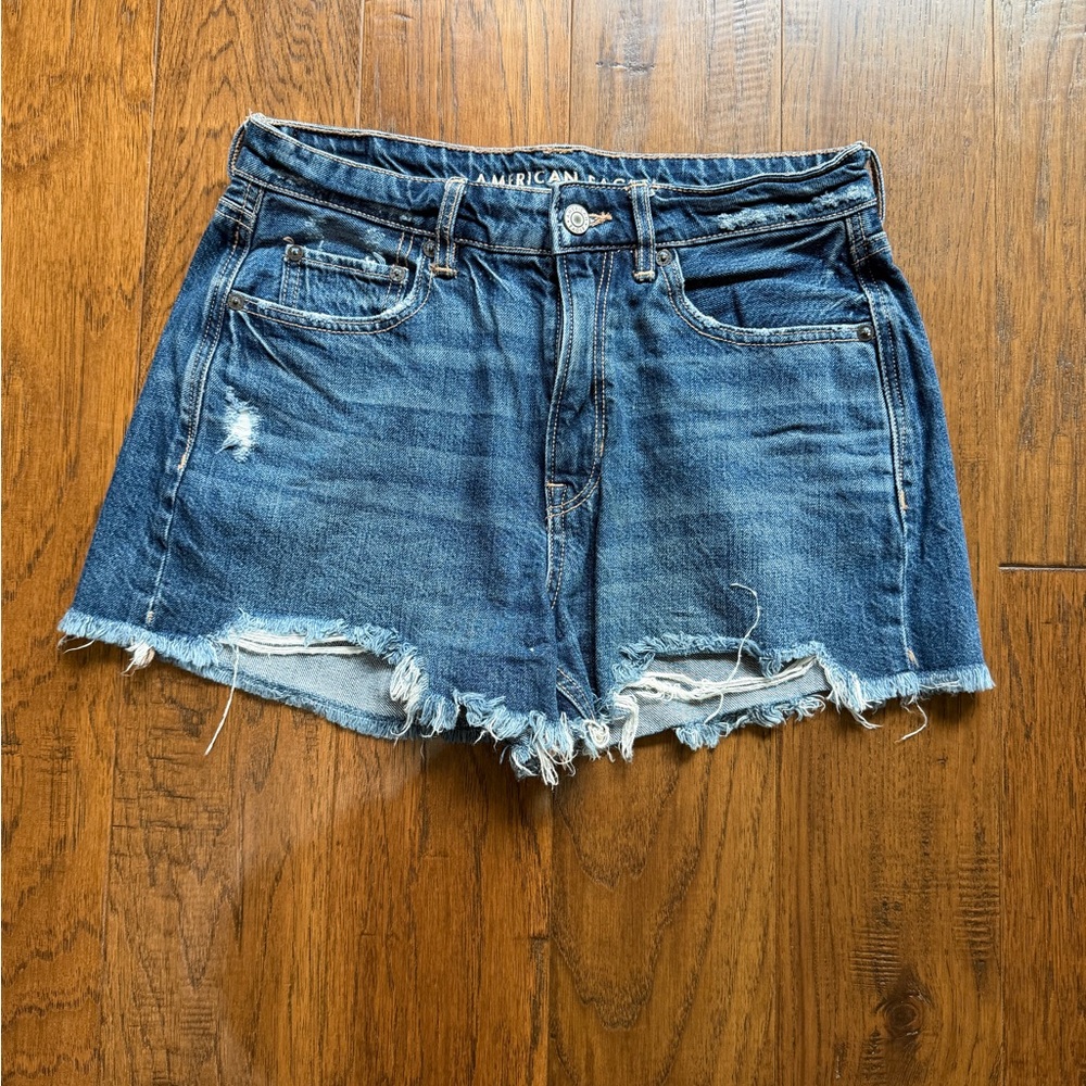 American Eagle Outfitters Raw Hem Distressed Denim Shorts - Dark Blue